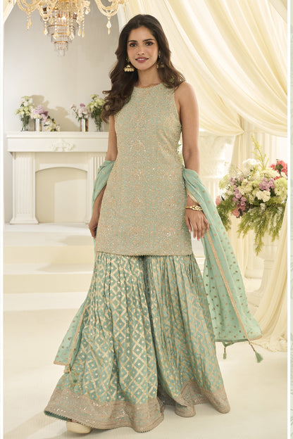 Sage green sharara suits front view full outfit