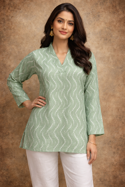 sage green women Tunic with digital print flat lay