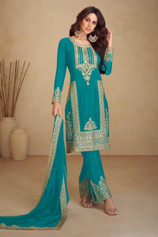 Salwar kameez for eid in teal blue front view