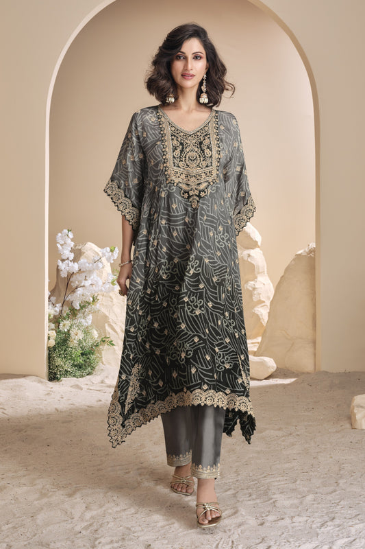 black salwar kameez for ladies front view with mirror work