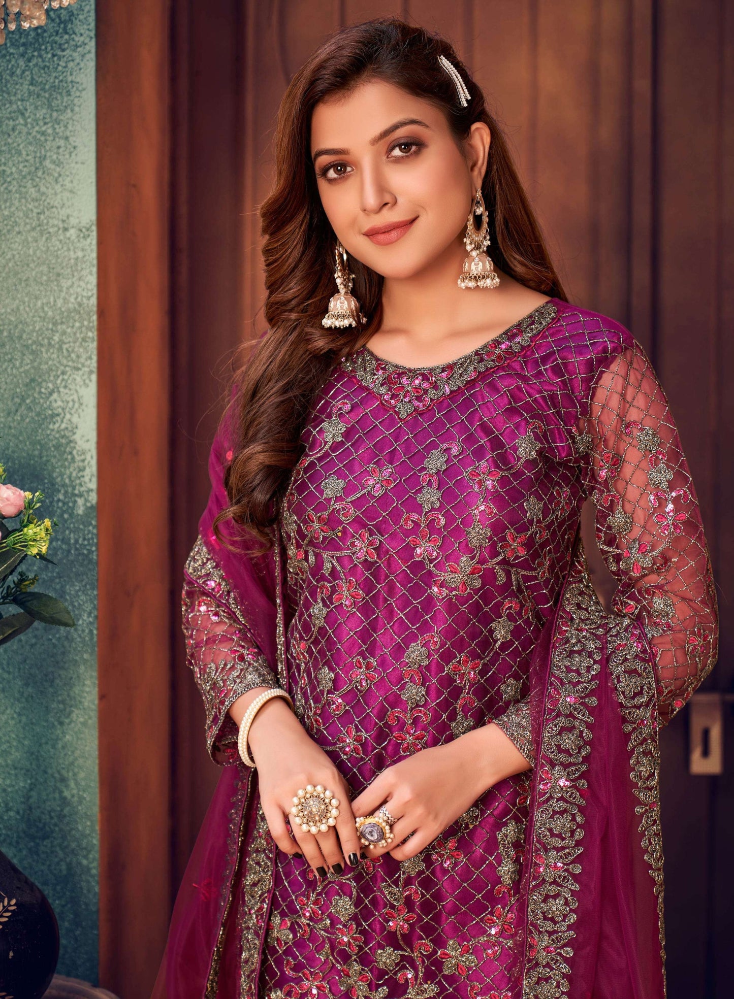 close-up embroidery detail purple kameez salwar