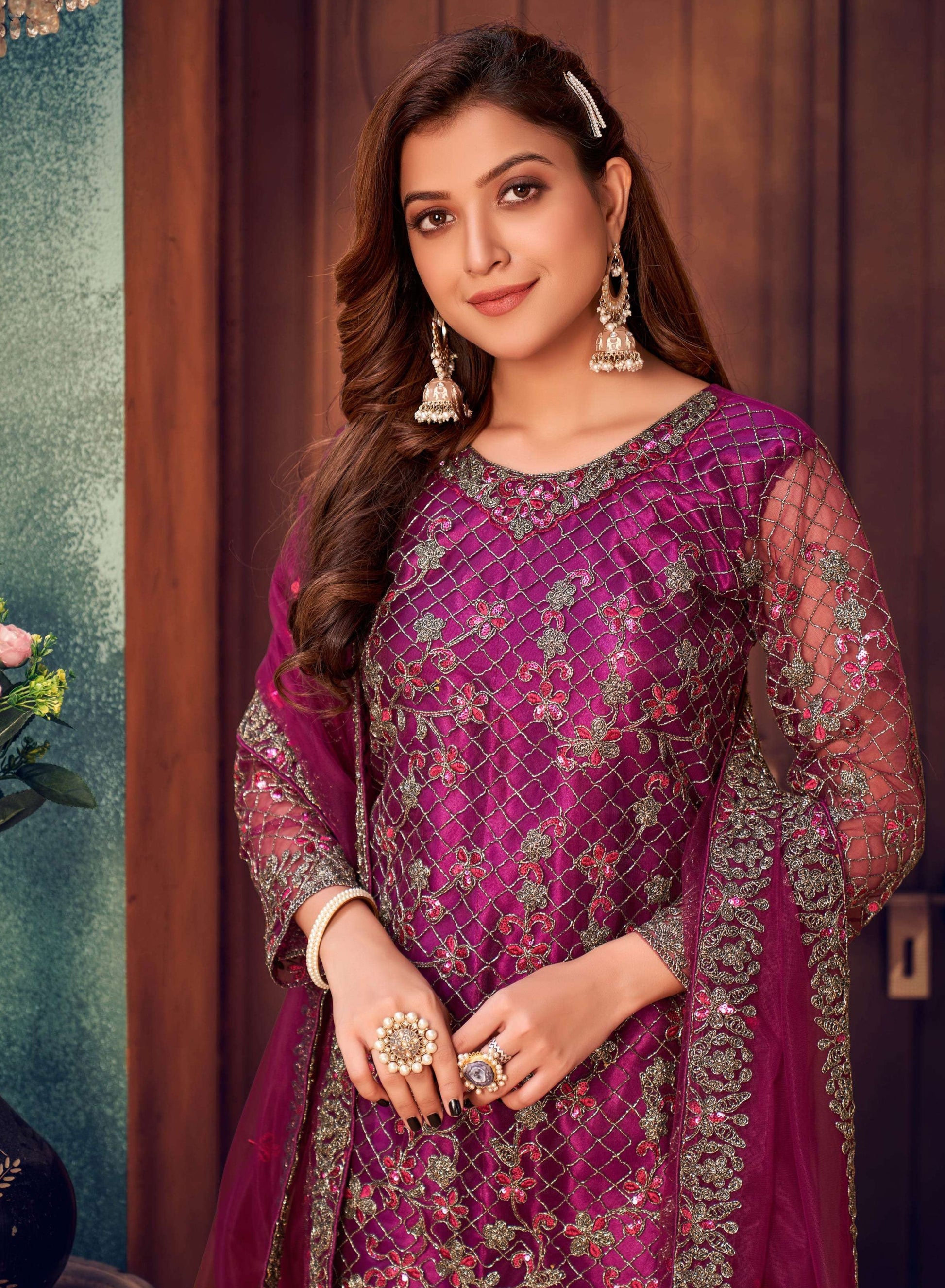 close-up embroidery detail purple kameez salwar