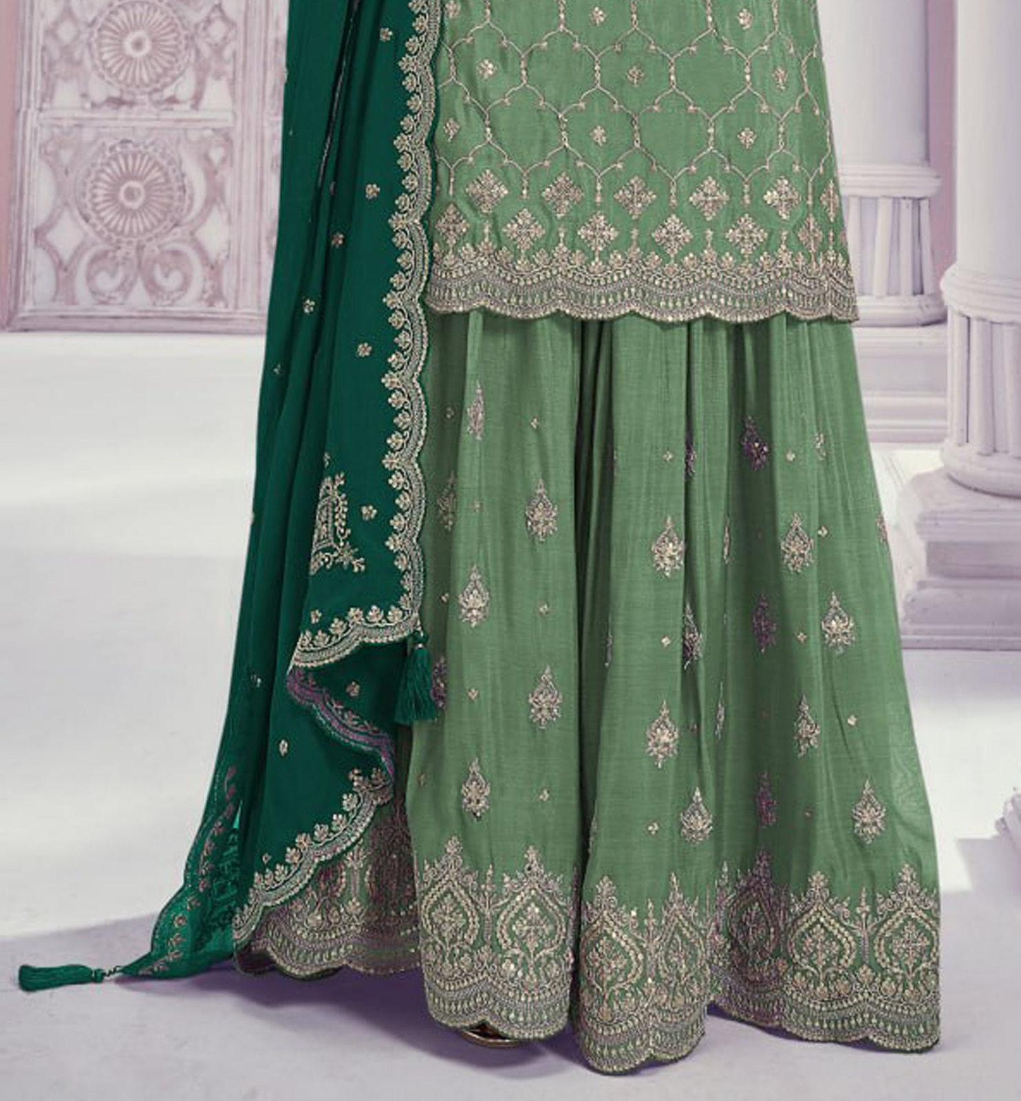 Palazzo pants ethnic suit in light green Chinon fabric full set view