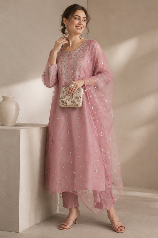 Chanderi Silk salwar kurta woman outfit with embroidered neckline