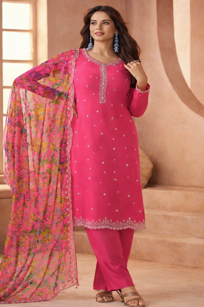 Bright pink salwar silk with heavy embroidery front view