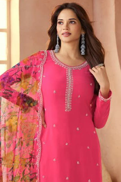 Embroidered Chinon salwar kameez in bright pink full outfit