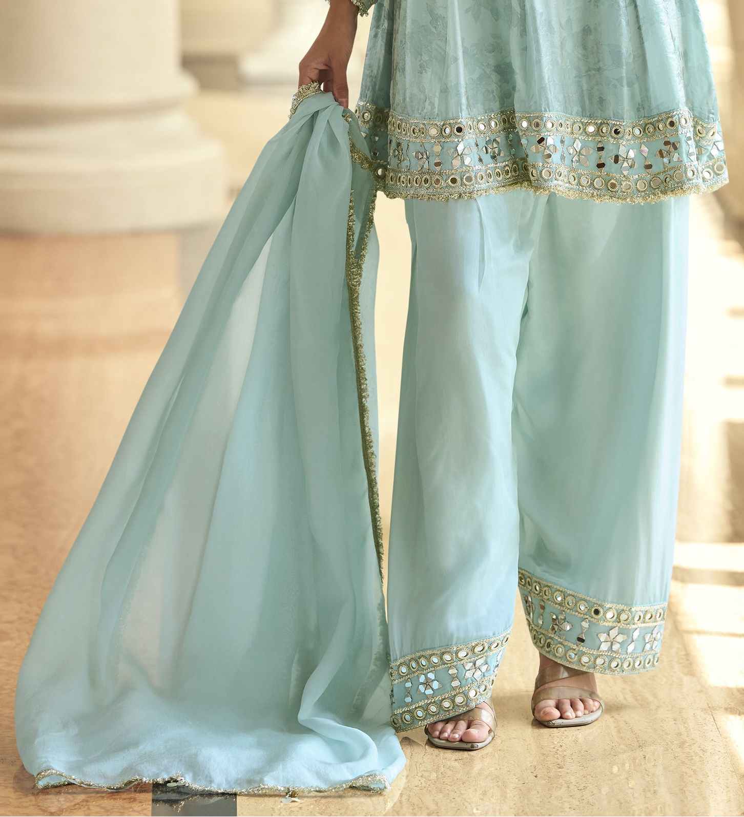 Fabric texture of premium silk mint green kameez