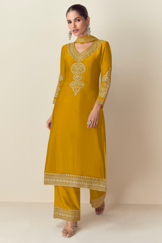 New Style Yellow Color Embroidery Work Plazzo Dress With Dupatta