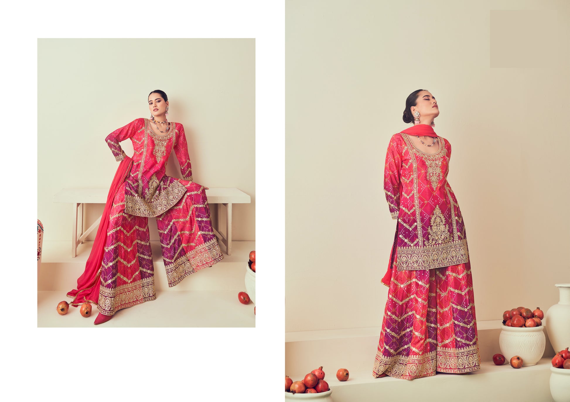 New Style Pink And Purple Color Ready To Wear Mirror Work Plazzo Dress With Heavy Chiffon Dupatta