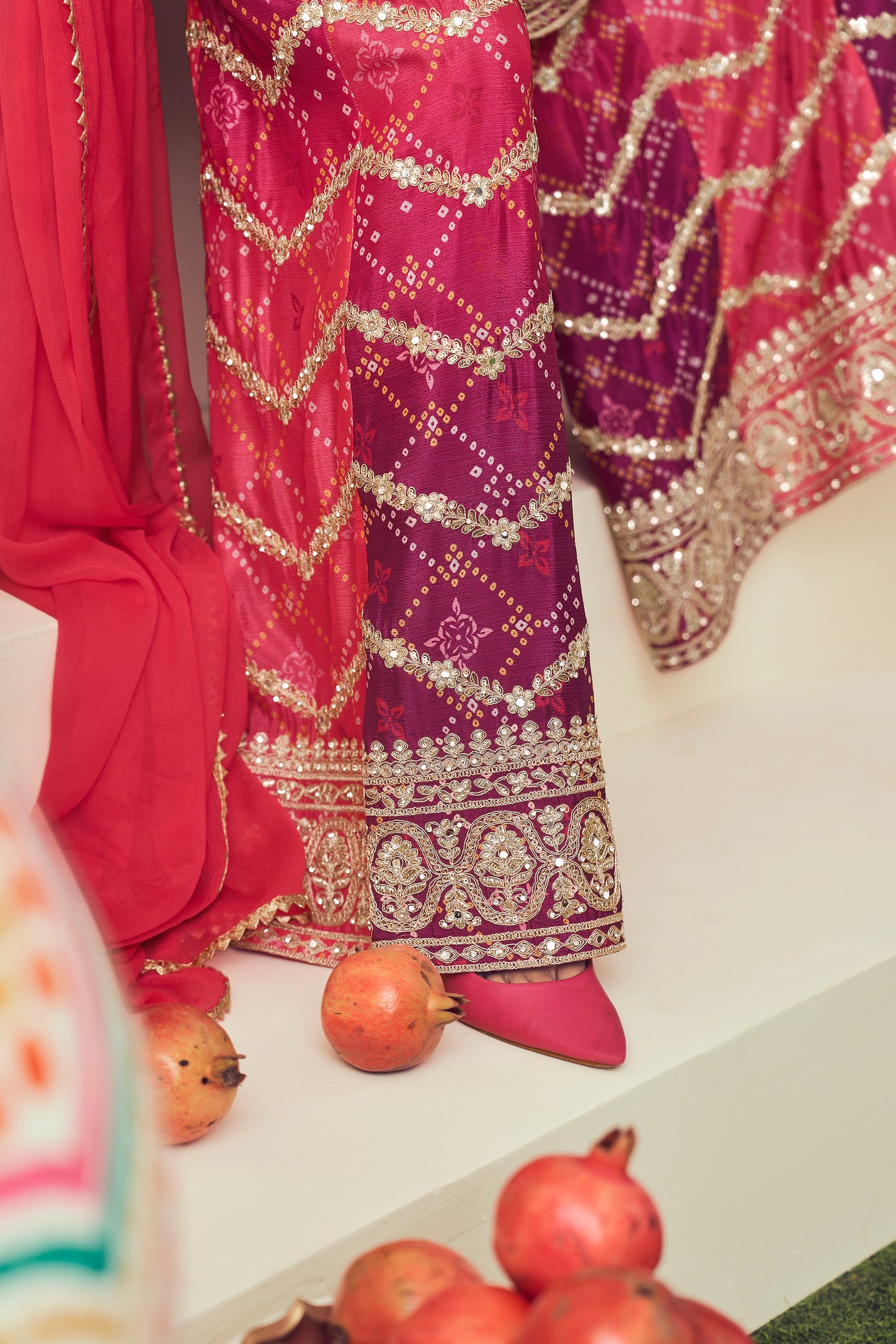 New Style Pink And Purple Color Ready To Wear Mirror Work Plazzo Dress With Heavy Chiffon Dupatta