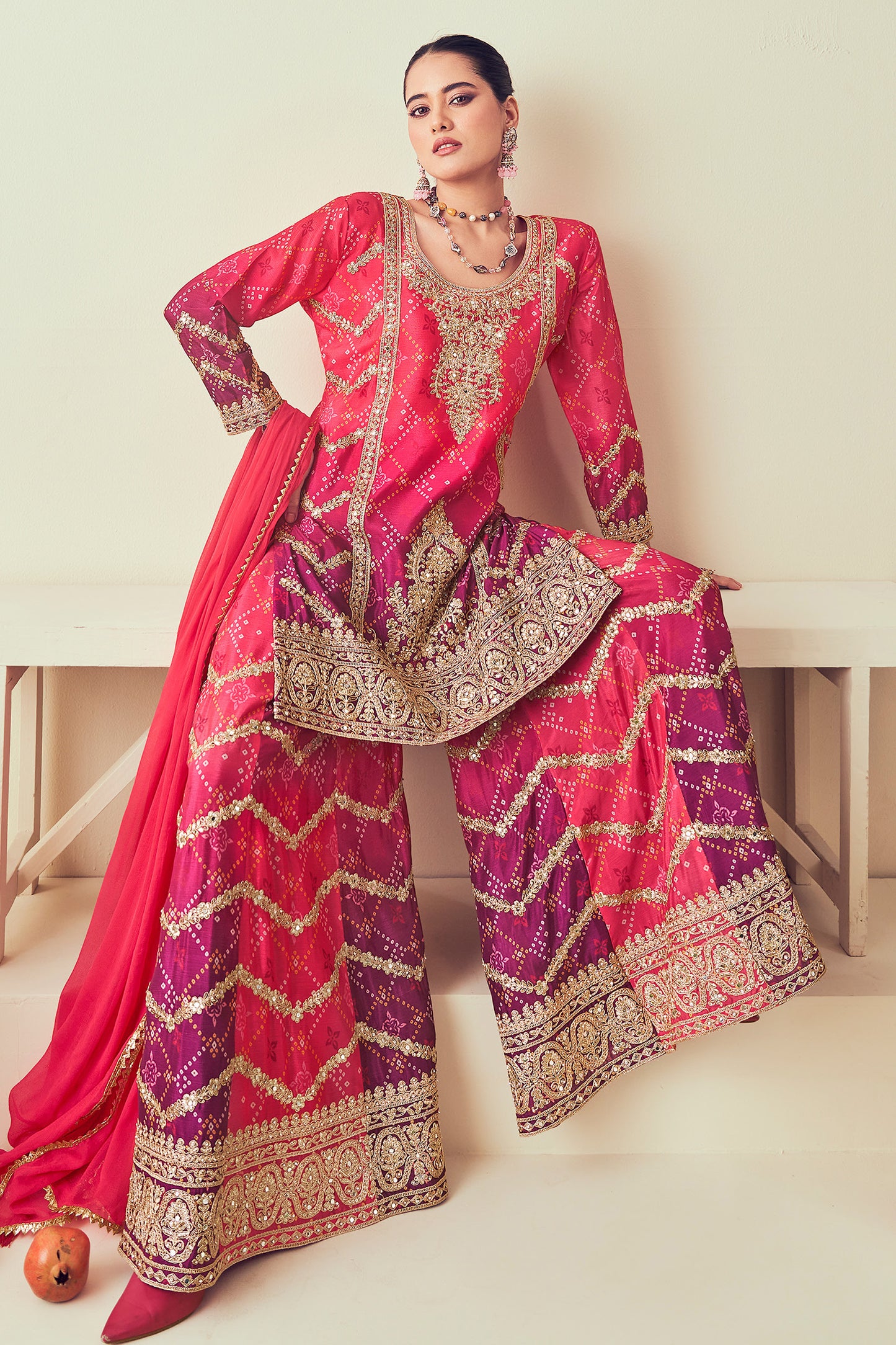 New Style Pink And Purple Color Ready To Wear Mirror Work Plazzo Dress With Heavy Chiffon Dupatta