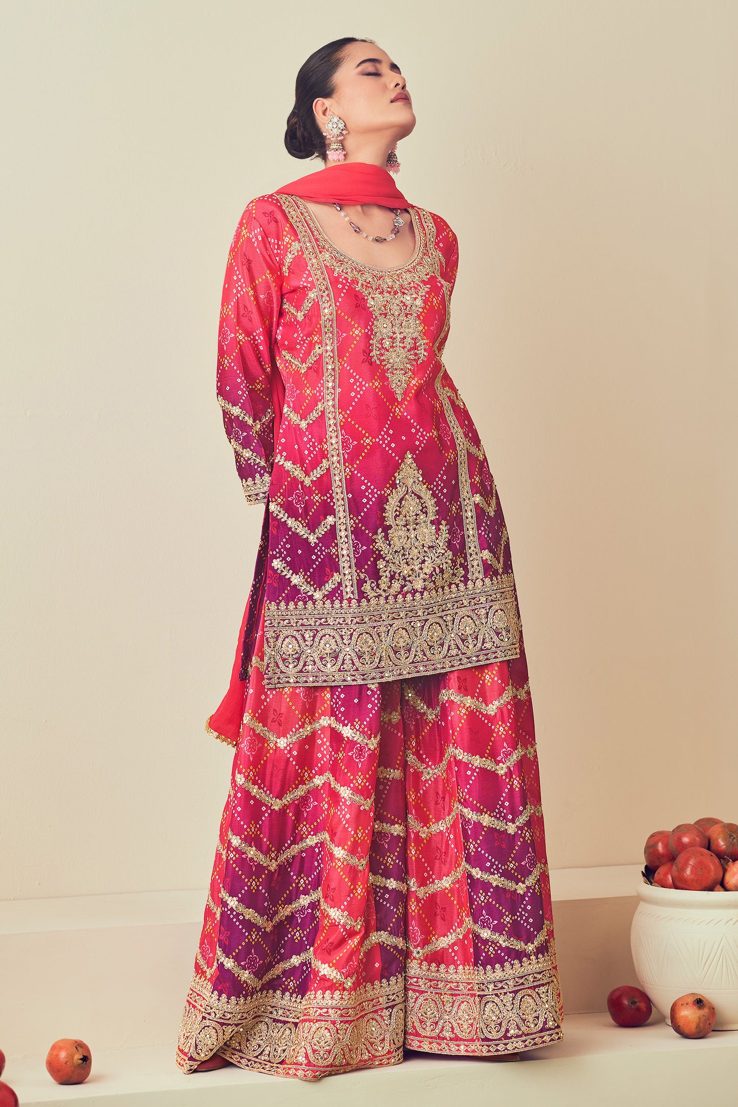 New Style Pink And Purple Color Ready To Wear Mirror Work Plazzo Dress With Heavy Chiffon Dupatta