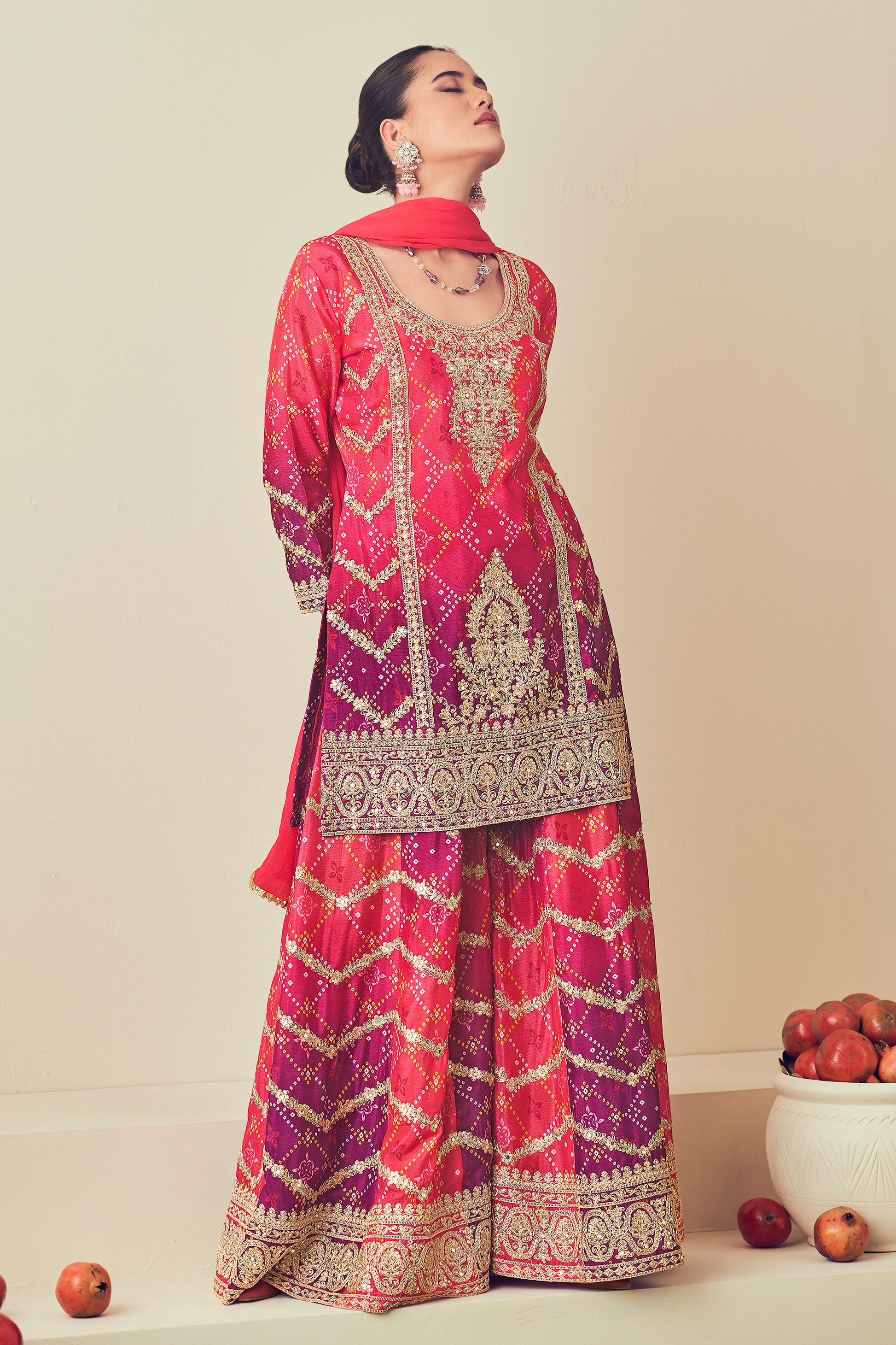 New Style Pink And Purple Color Ready To Wear Mirror Work Plazzo Dress With Heavy Chiffon Dupatta