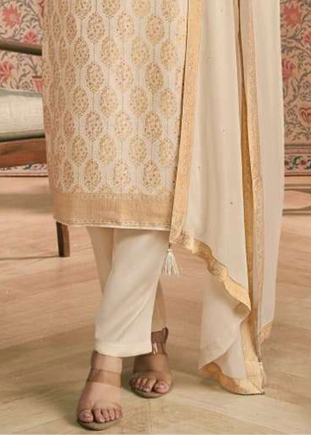 Back design of beige kameez pant outfit