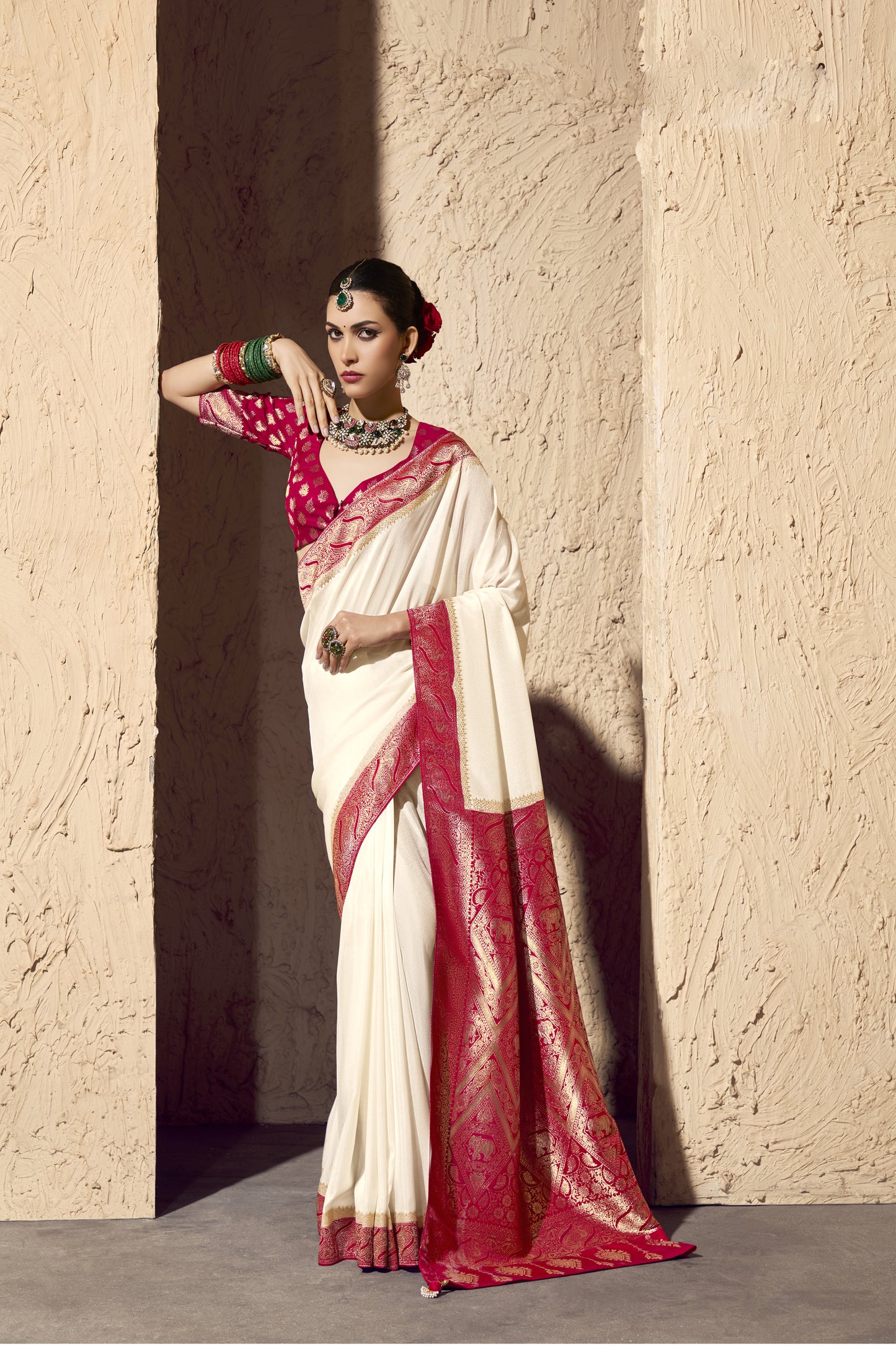 Beautiful red and cream silk saree for women with gold work Indian wedding outfit.
