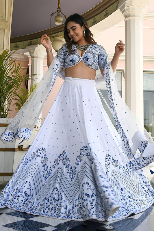 White Lehenga Choli with thread and sequins embroidery work