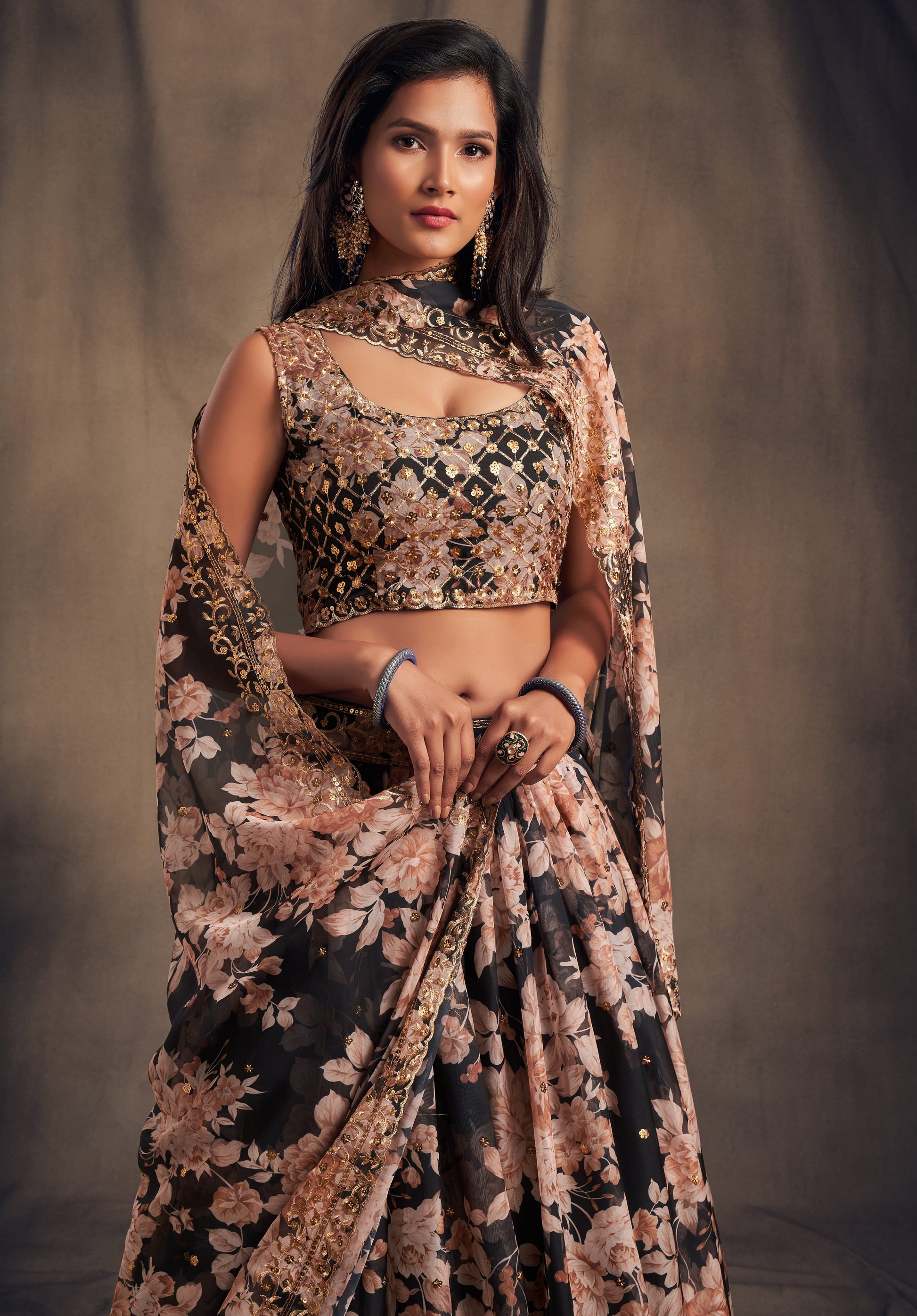 close-up texture of digital print on lehenga