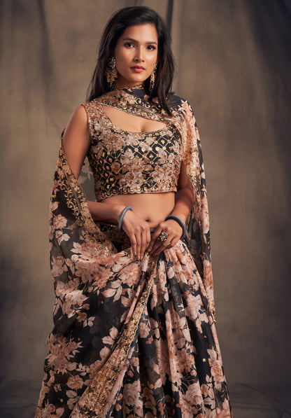 close-up texture of digital print on lehenga
