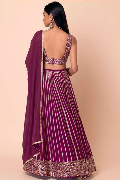 wine lehenga choli georgette fabric with sequin zari embroidery detailing
