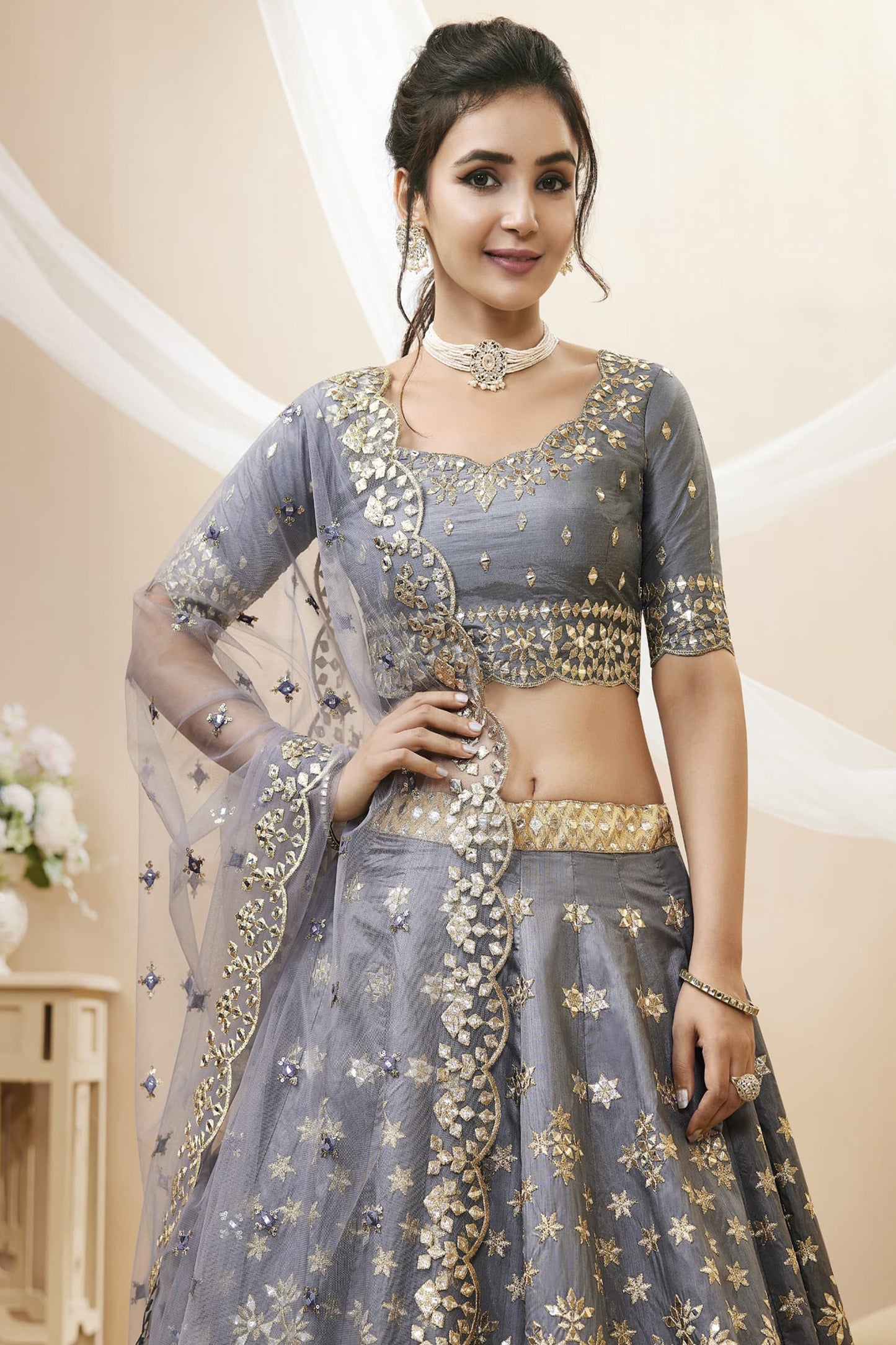 close-up of lehenga choli sequins embroidery