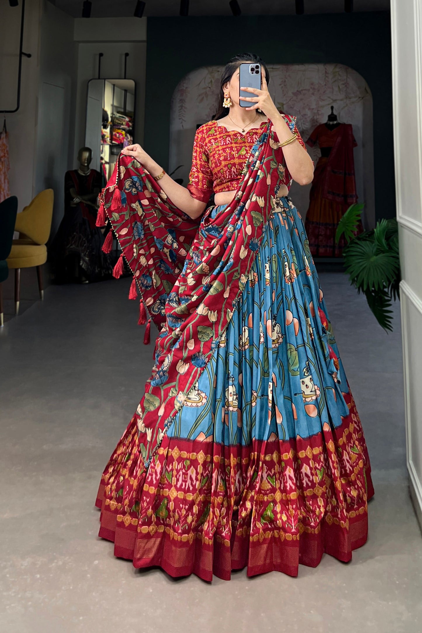 Embroidery pattern detail on navy blue lehenga inspired tones