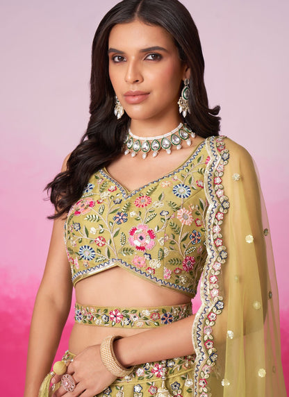 yellow lehenga choli fabric texture close-up
