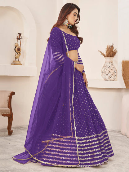 Zari work detailing on georgette lehenga fabric