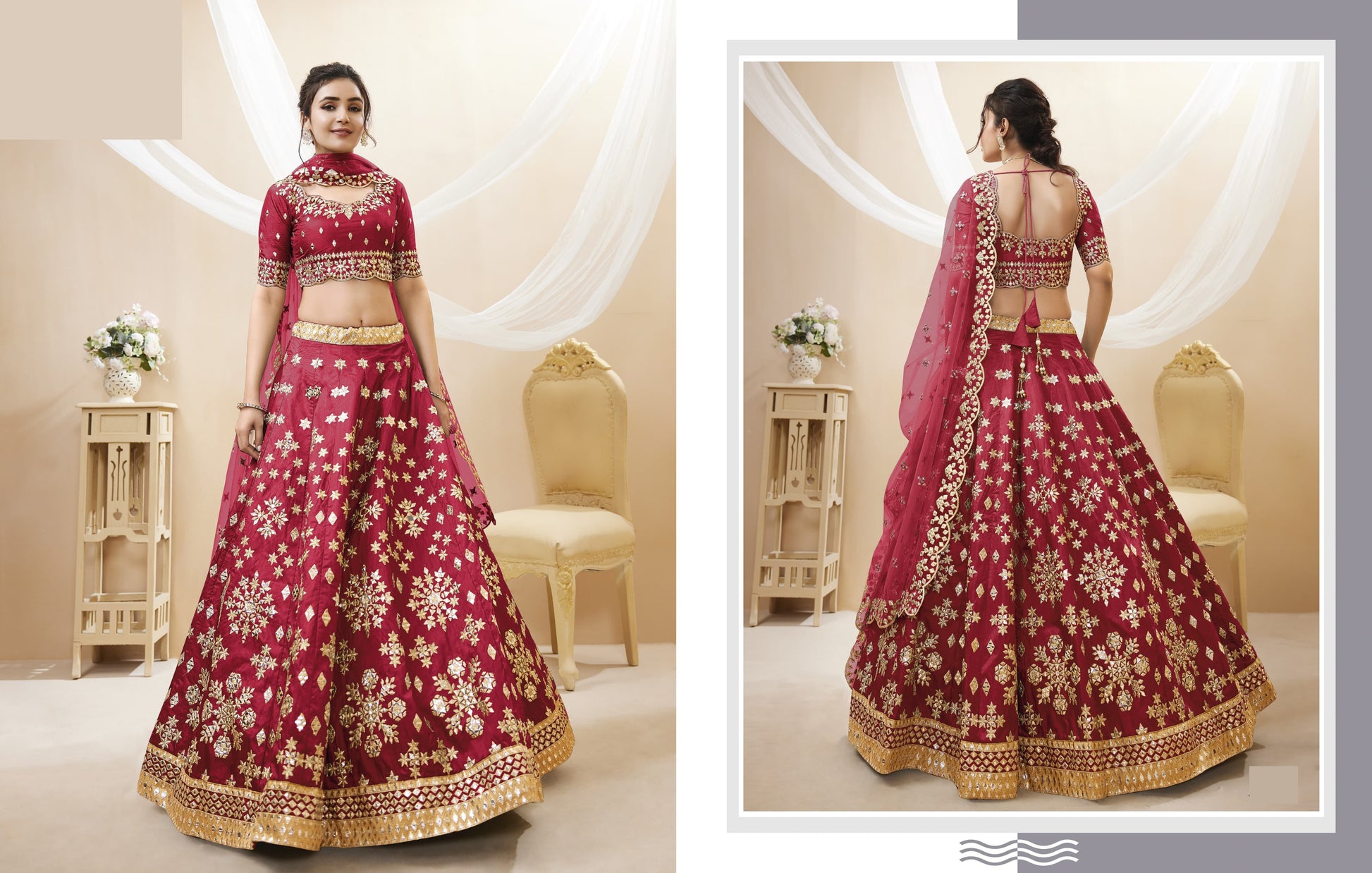 sequins work shimmer effect on red lehenga fabric