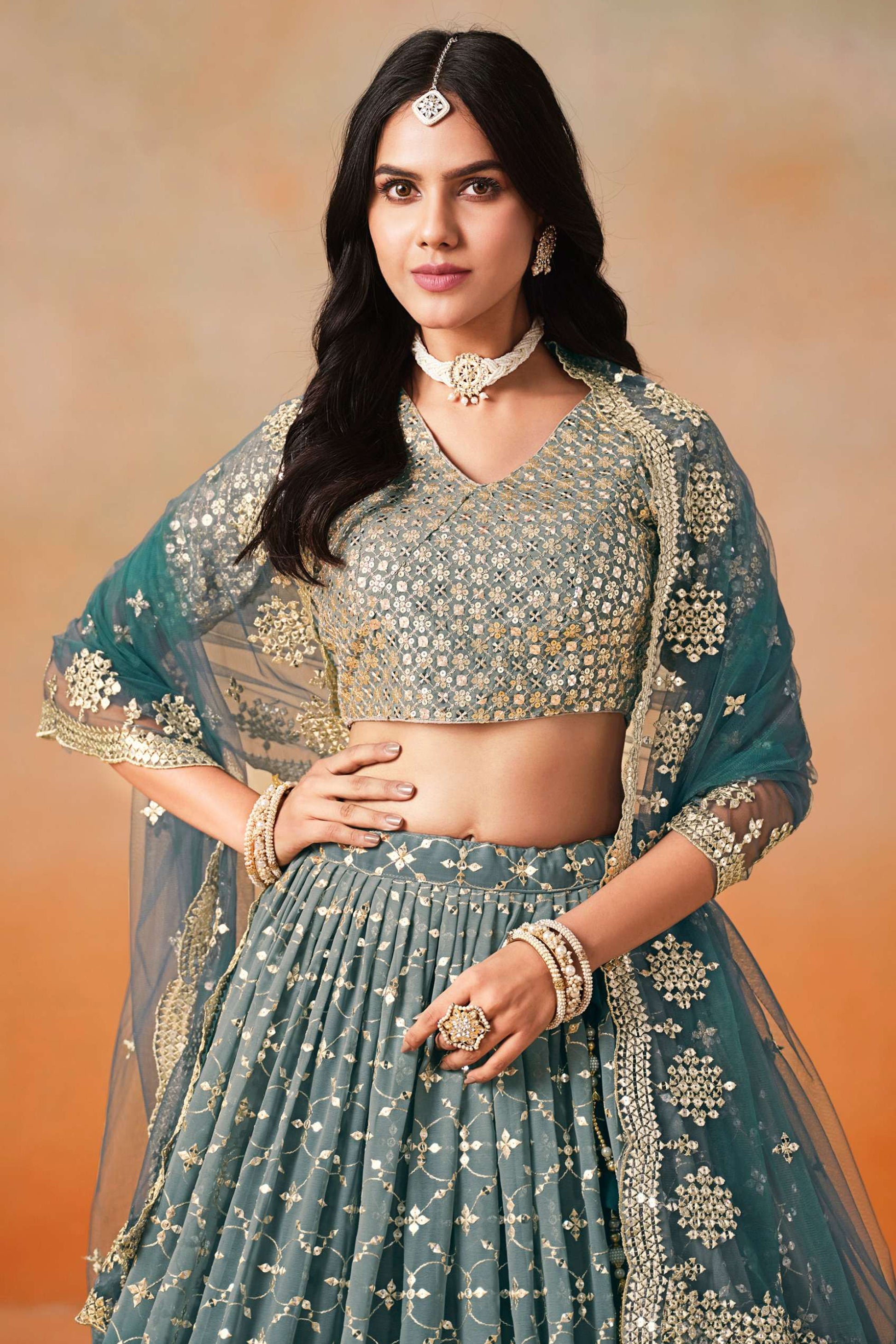Close-up of georgette fabric with intricate zari work detailing