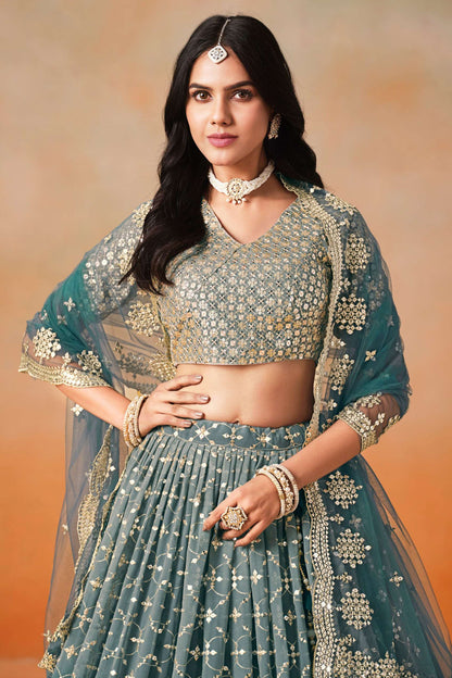 Close-up of georgette fabric with intricate zari work detailing