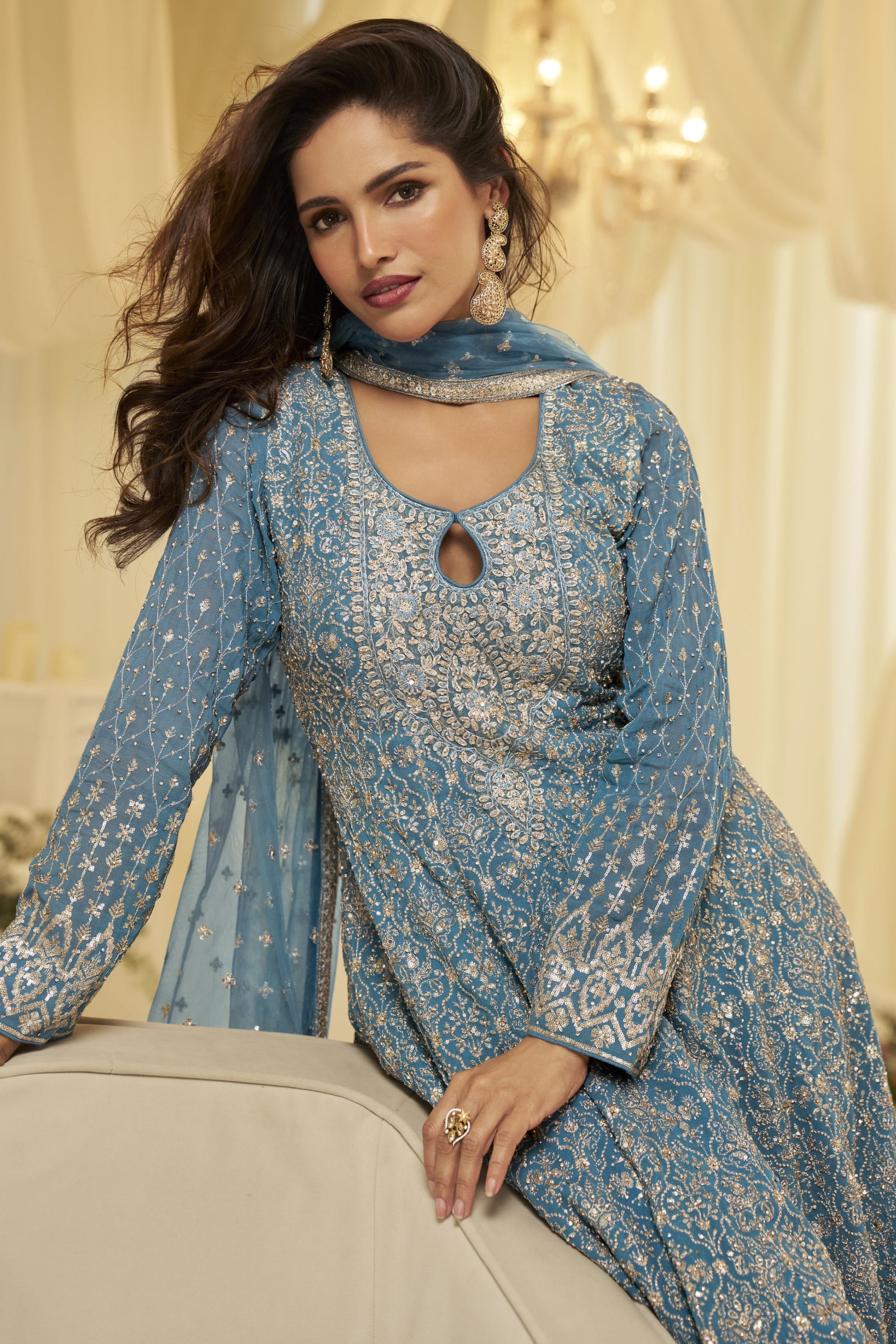 Baby shower outfit styling in sky blue palazzo suit