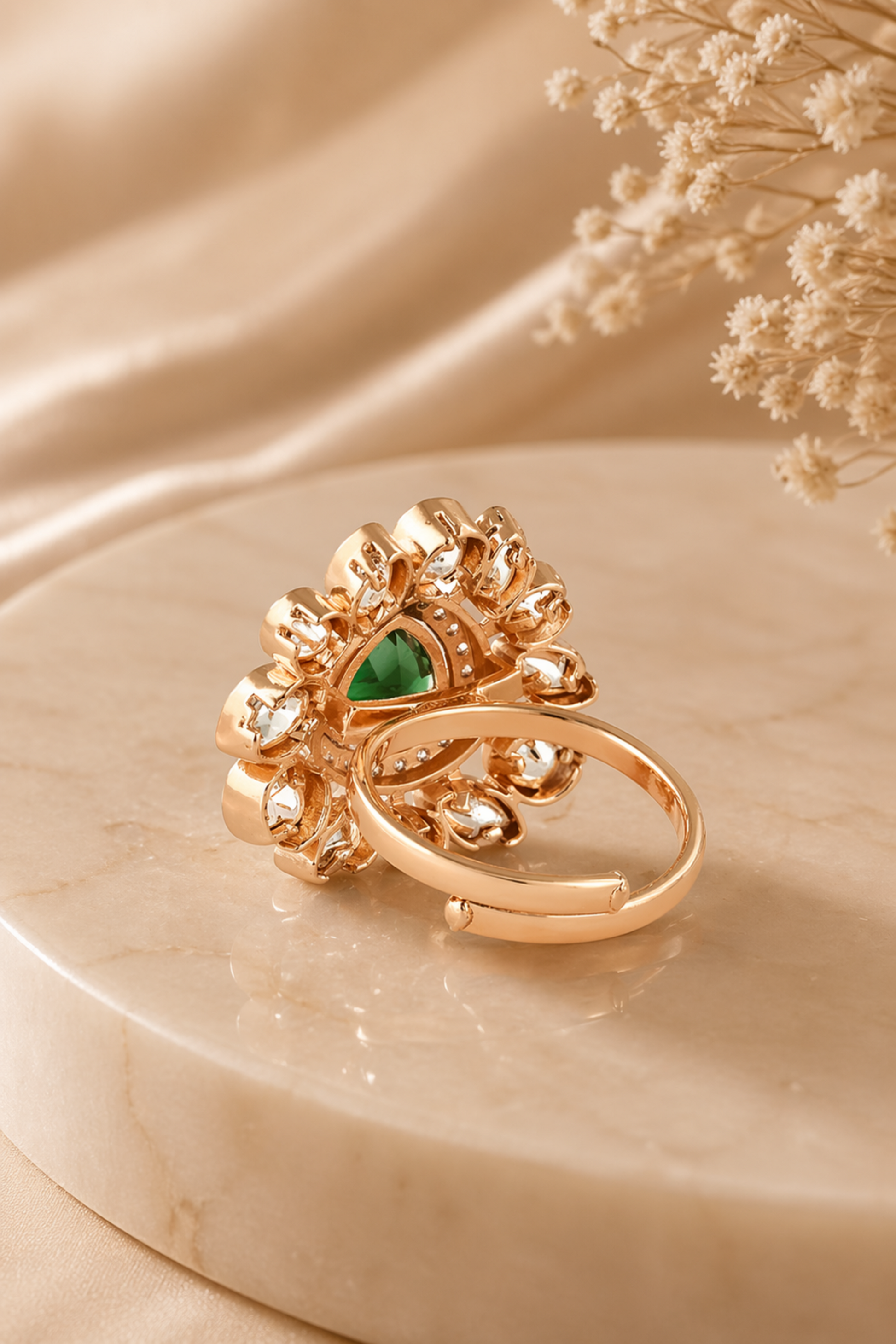 luxury green emerald ring with crystal halo