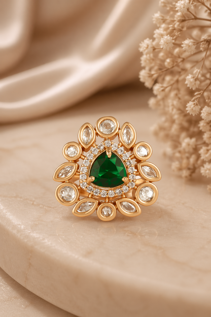 emerald halo statement ring in gold floral design