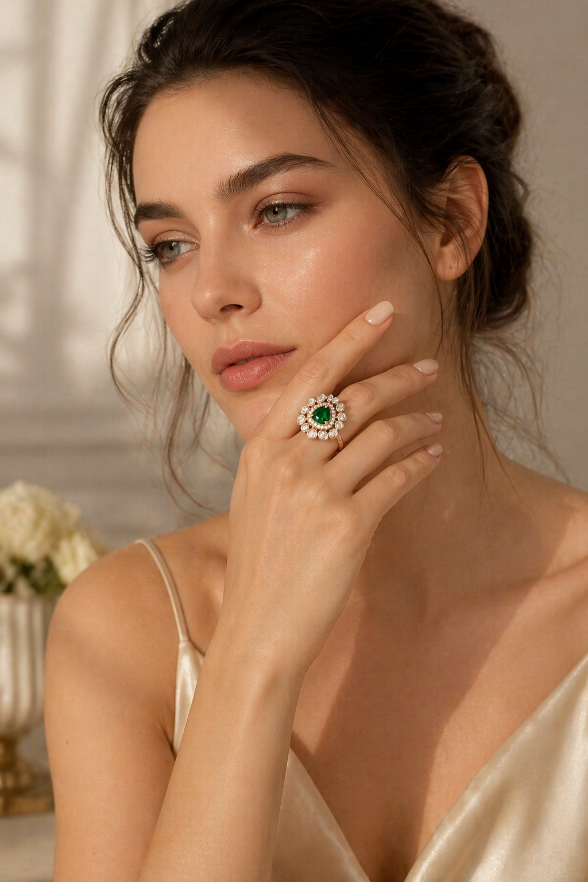 gold floral halo ring with green center stone