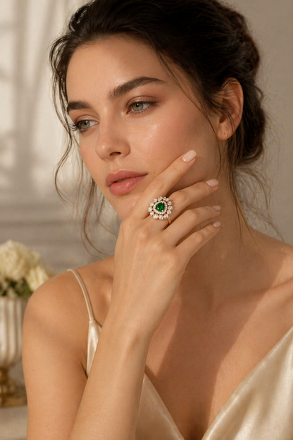 gold floral halo ring with green center stone