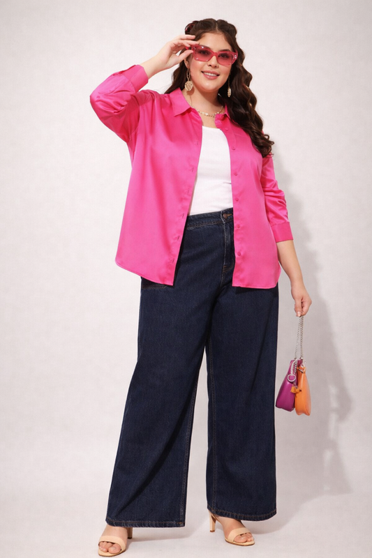 Pink satin party wear shirt front view with soft sheen