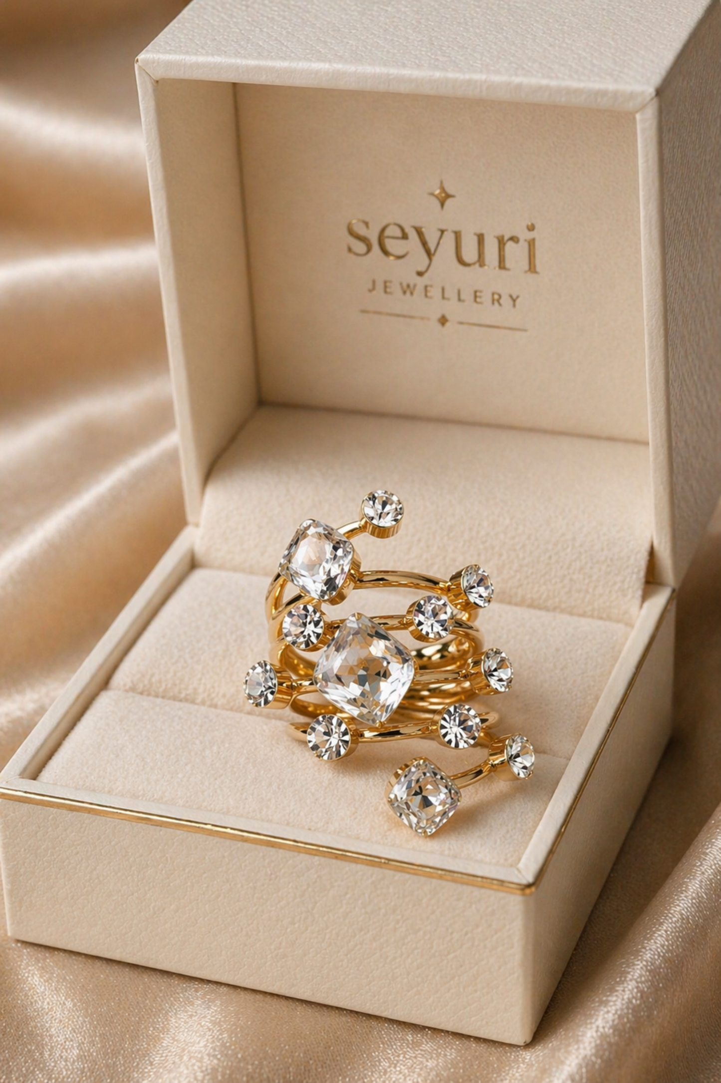 luxury gold plated adjustable ring with crystals