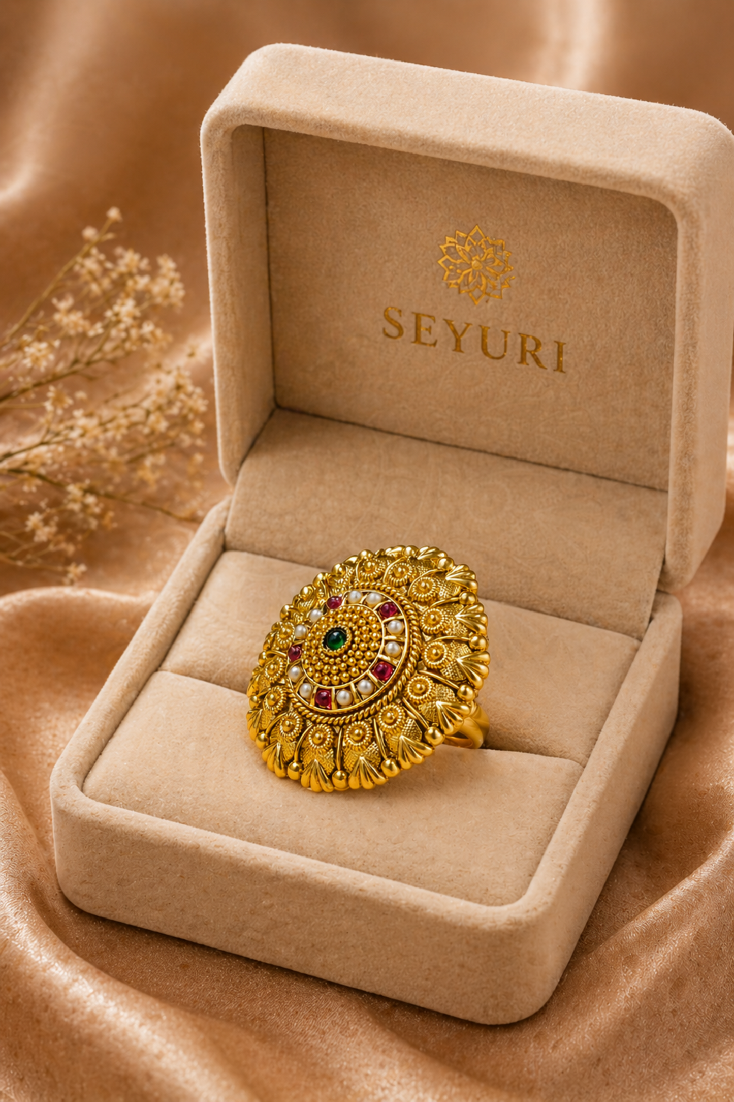 Gold ring with gemstones in a 'SEYURI' jewelry box on a beige fabric background
