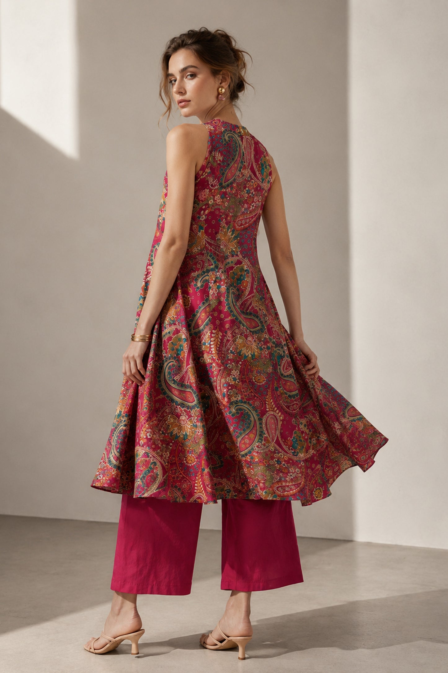 Side view of the Seyuri Red kurti showing A-line movement