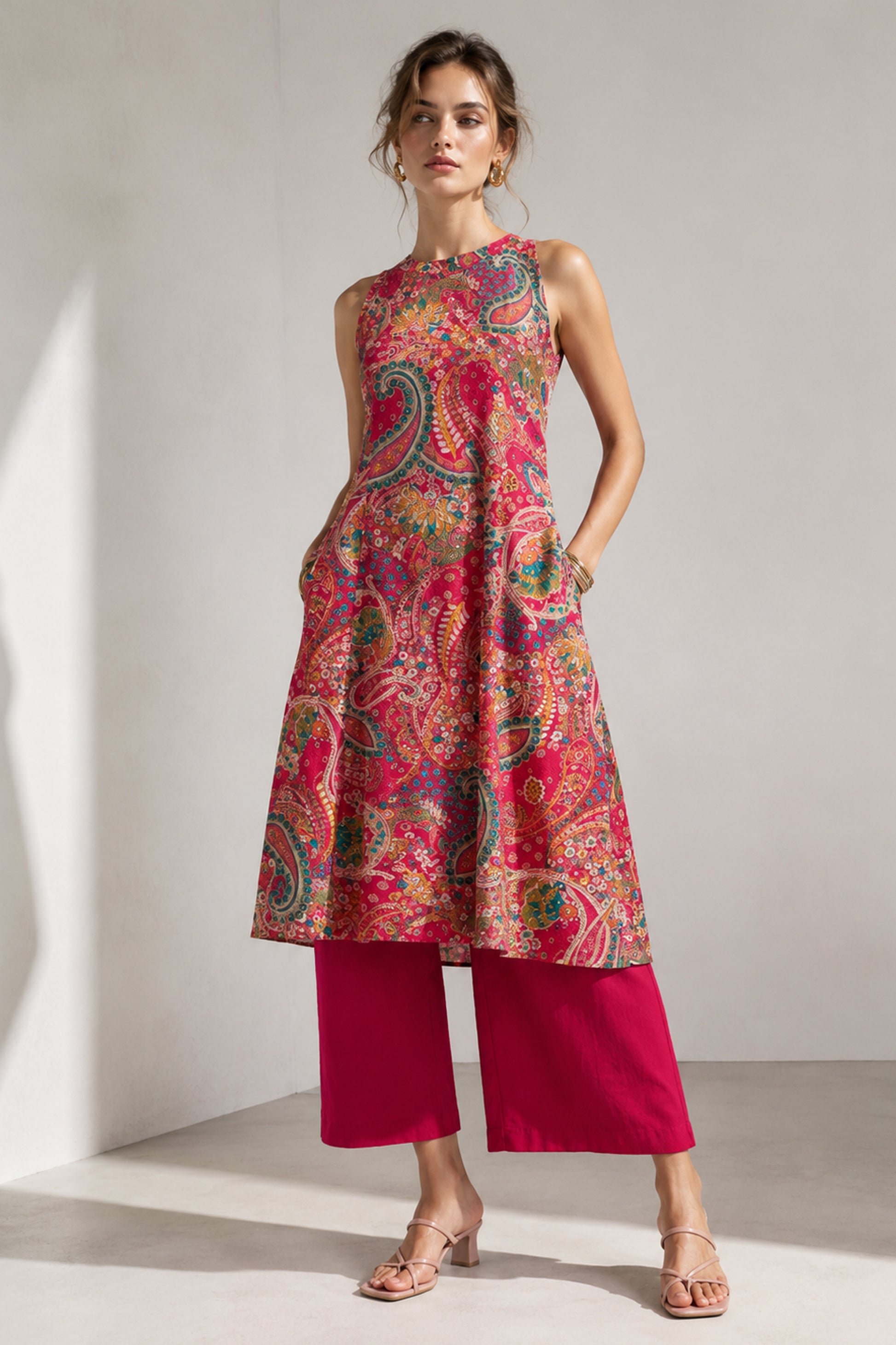 Front view of the Red A-line kurti with a flowing profile