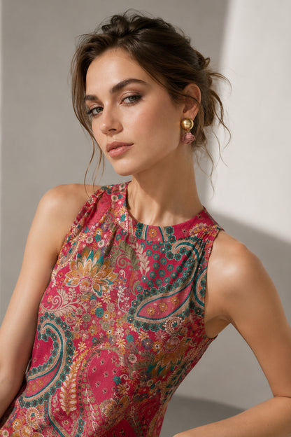 Close view of the printed surface on the Seyuri Red kurti
