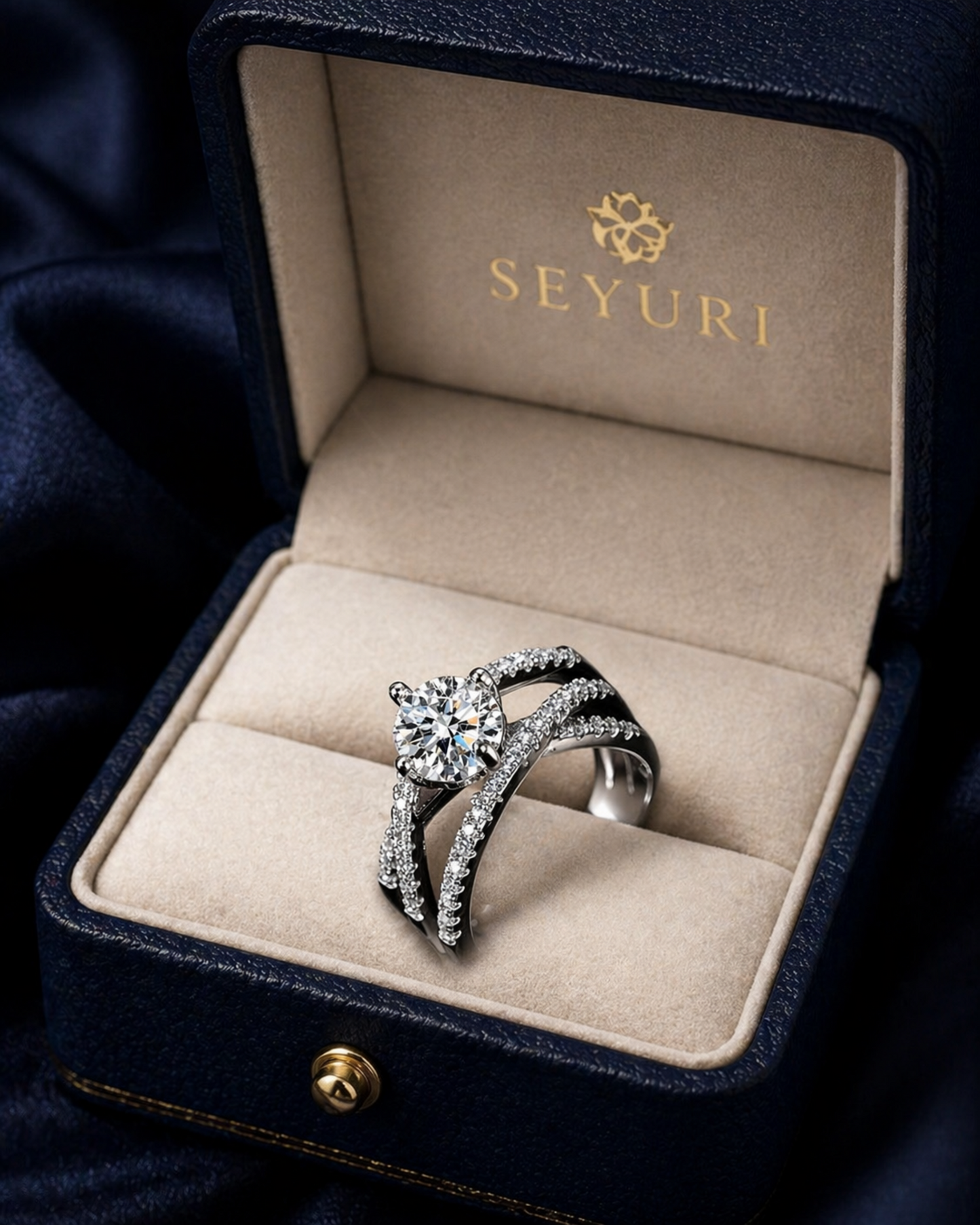 round cut diamond ring on marble background