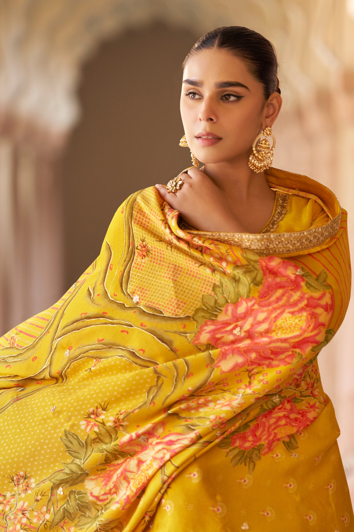 Seyuri yellow salwar kameez set with sharara front angle