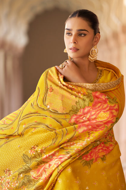Seyuri yellow salwar kameez set with sharara front angle