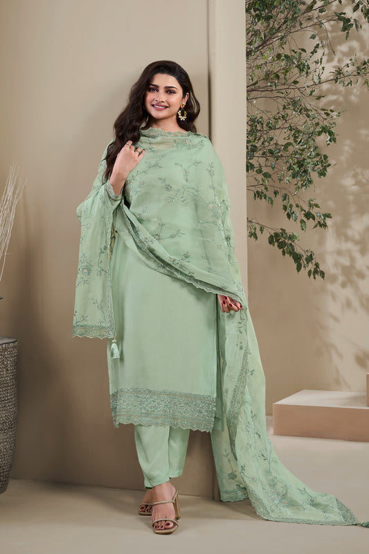 sage green salwar kameez front view with heavy embroidery