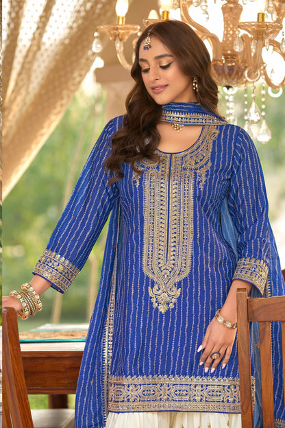 kurti embroidery detailing on blue sharara set