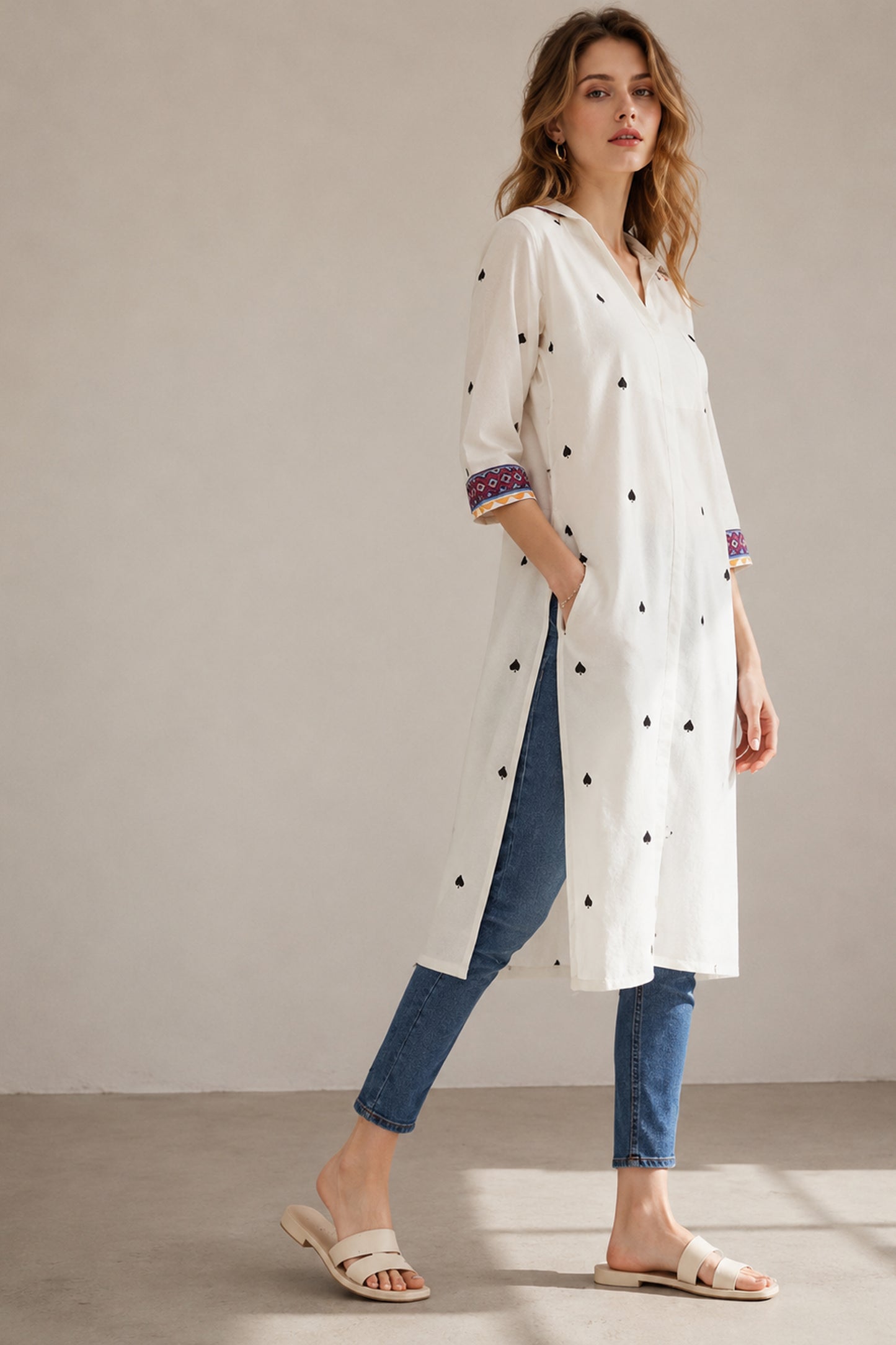 Front view of white kurti with side slit styling