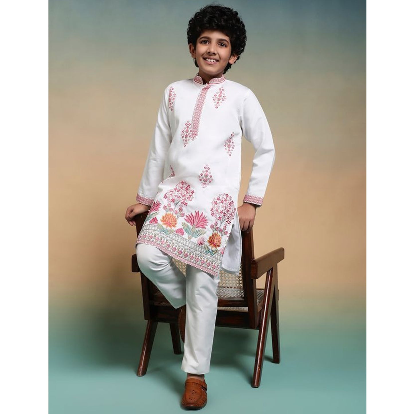 side profile of white kurta pant set