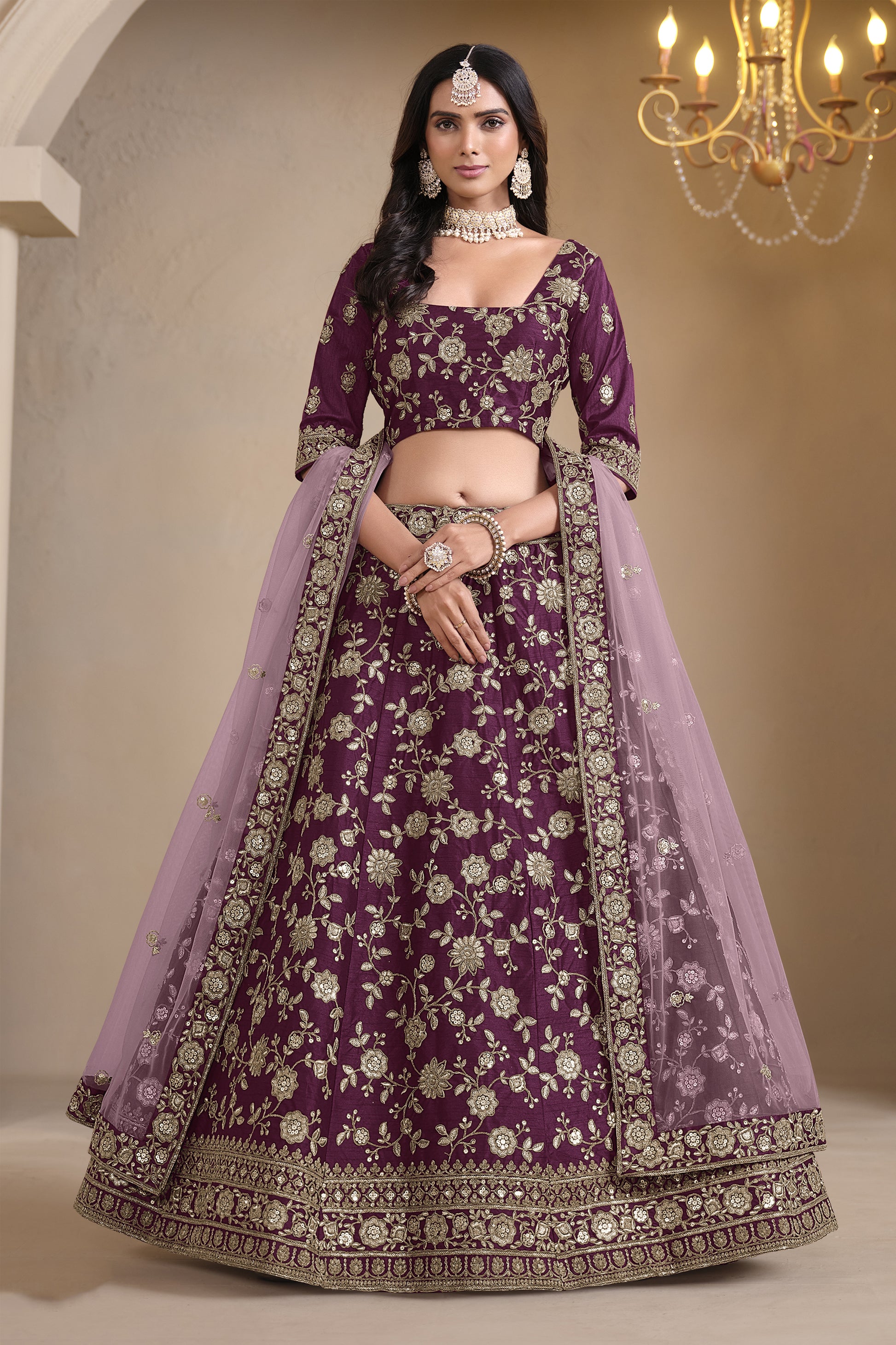 Wine lehenga choli full front view in silk fabric