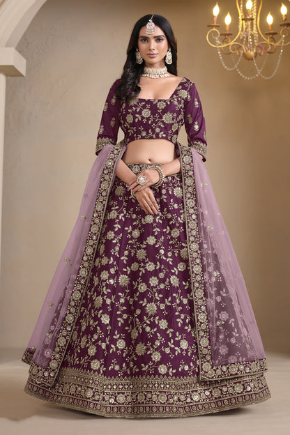 Wine lehenga choli full front view in silk fabric